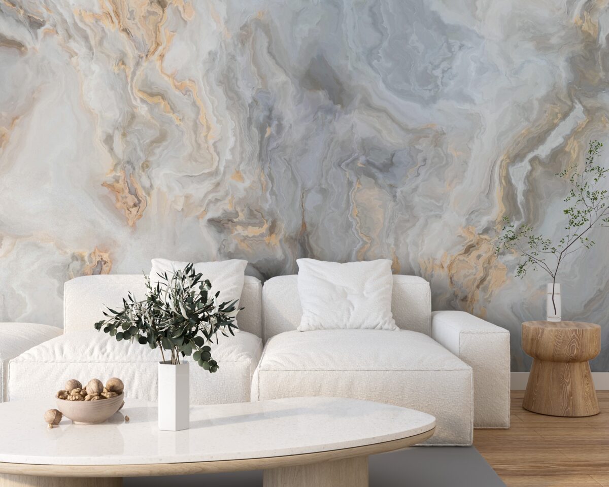 Papier peint fond gris, décoré de tons dorés