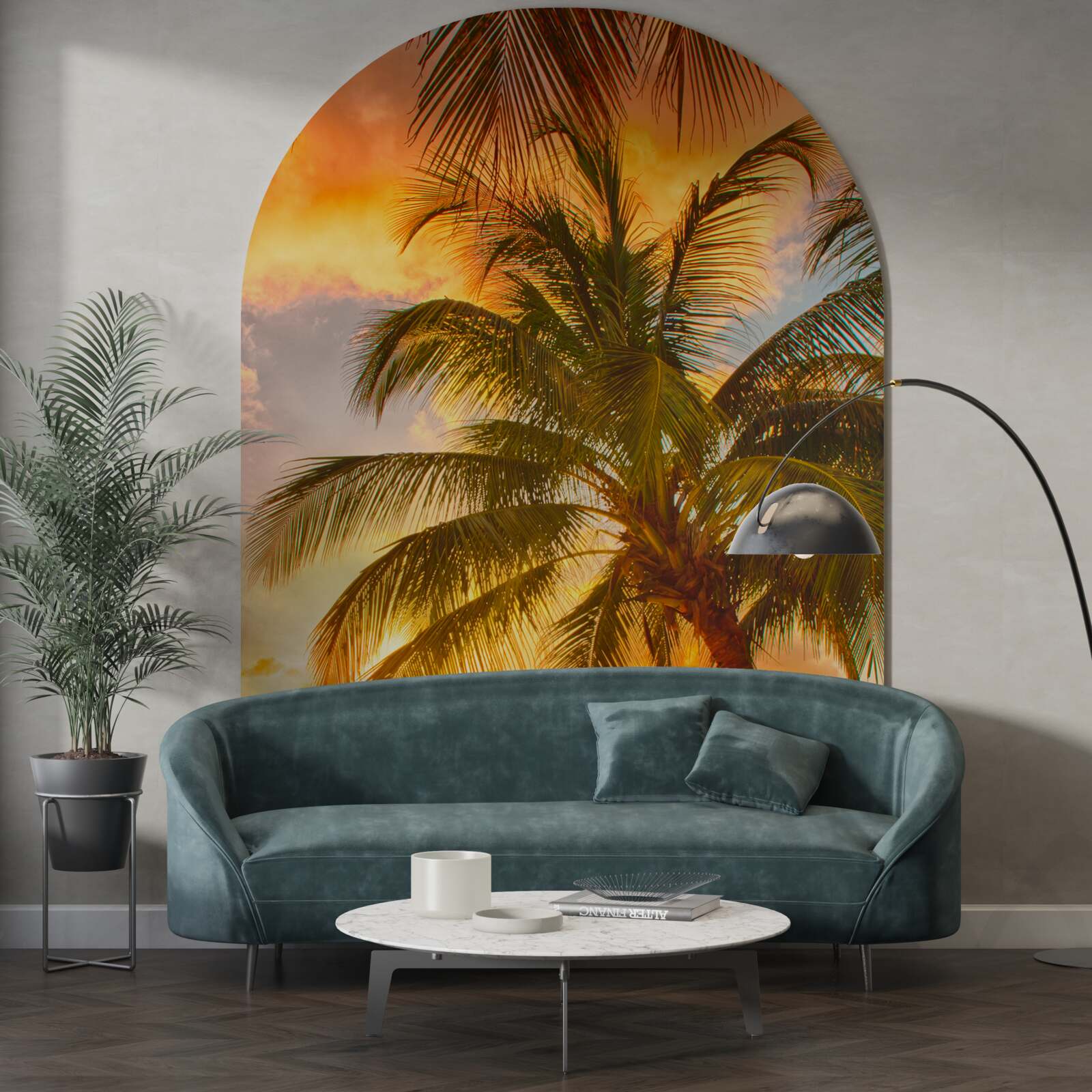 Papier peint le coucher de soleil illumine un palmier sur la plage