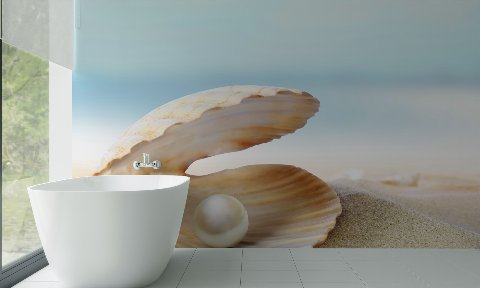 Papier peint perle dans un coquillage sur la côte