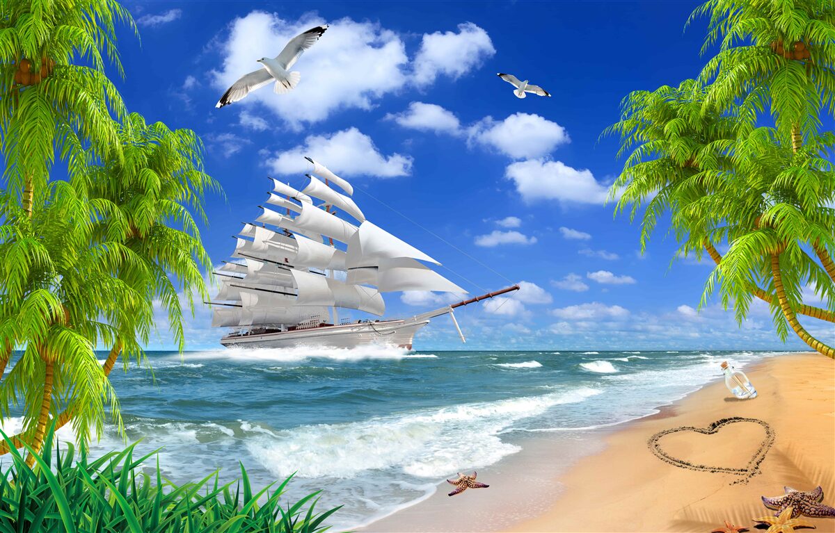 Papier peint bateau et arbres tropicaux