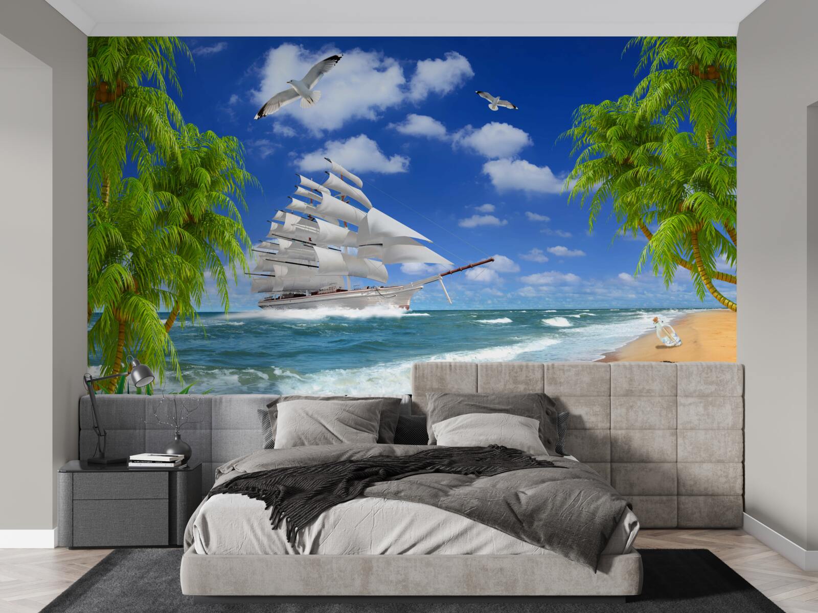 Papier peint bateau et arbres tropicaux