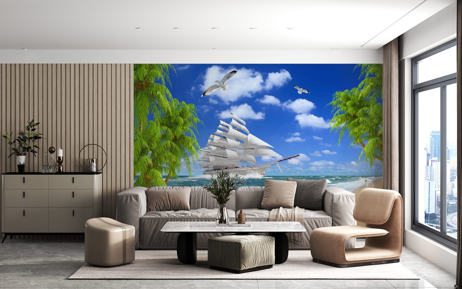 Papier peint bateau et arbres tropicaux