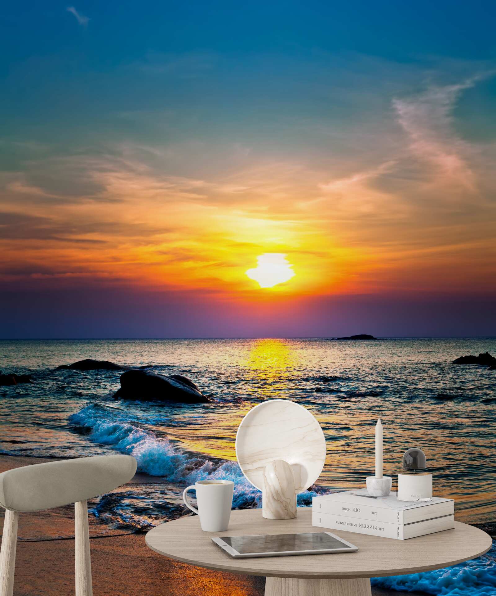 Papier peint coucher de soleil et vague d'écume