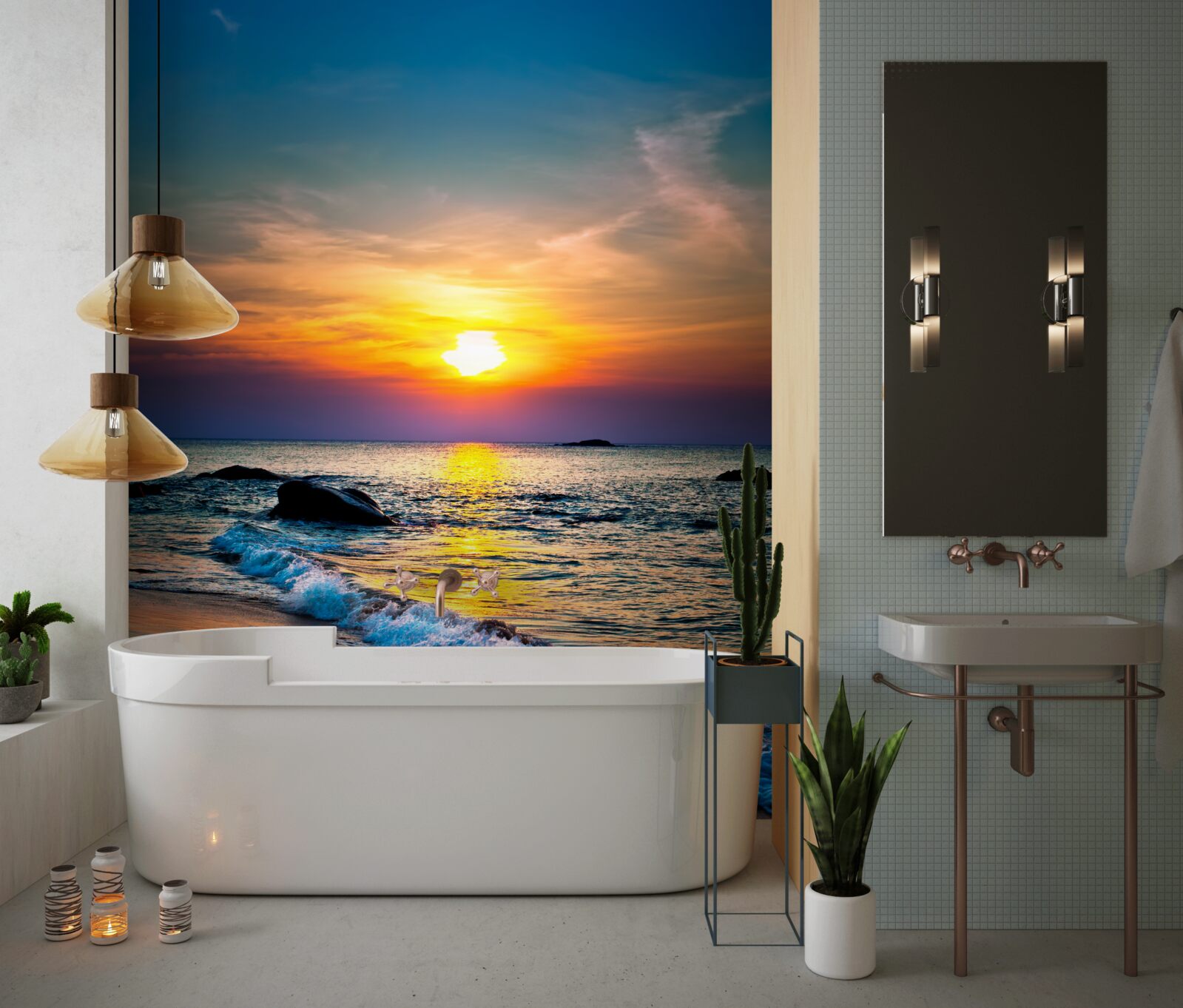 Papier peint coucher de soleil et vague d'écume