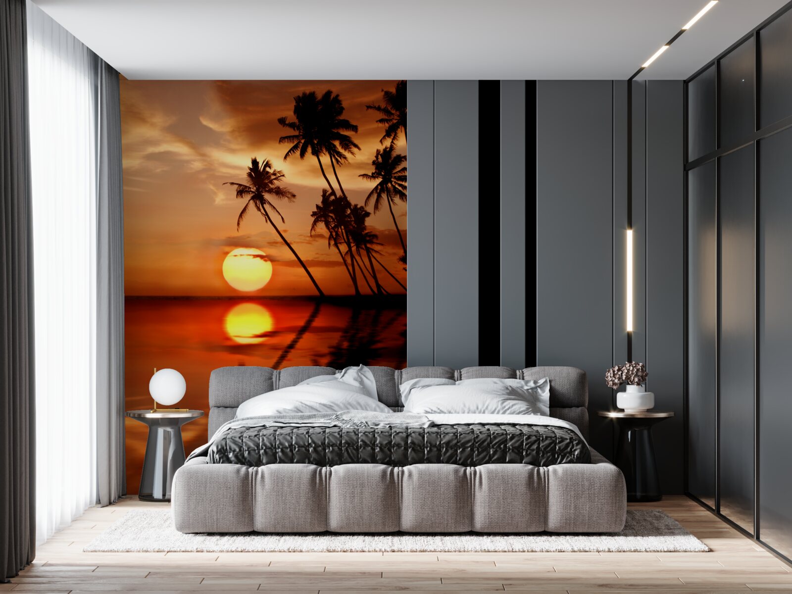 Papier peint coucher de soleil sur fond de palmiers