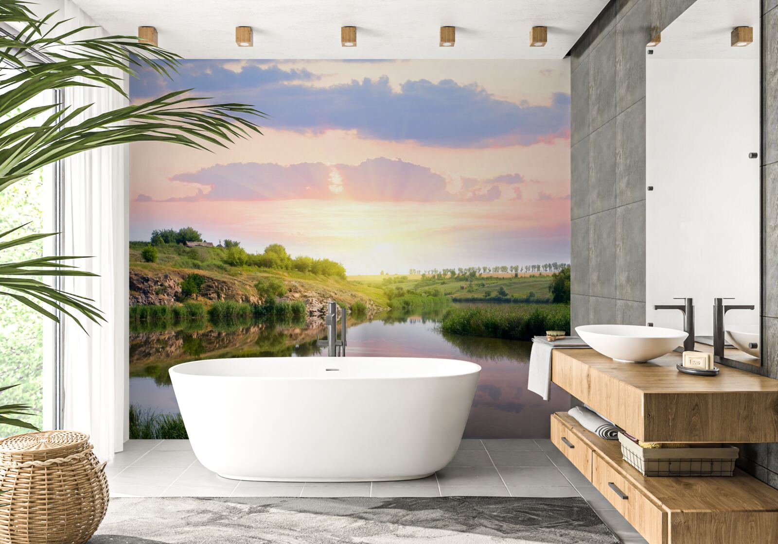 Papier peint terrasse confortable au bord d'un lac tranquille