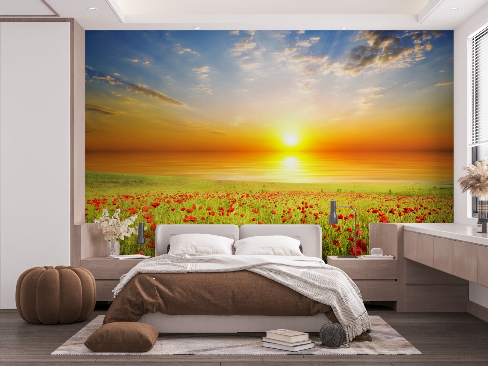 Papier peint le coucher de soleil de cet été sur une prairie parsemée de coquelicots est plein de couleurs