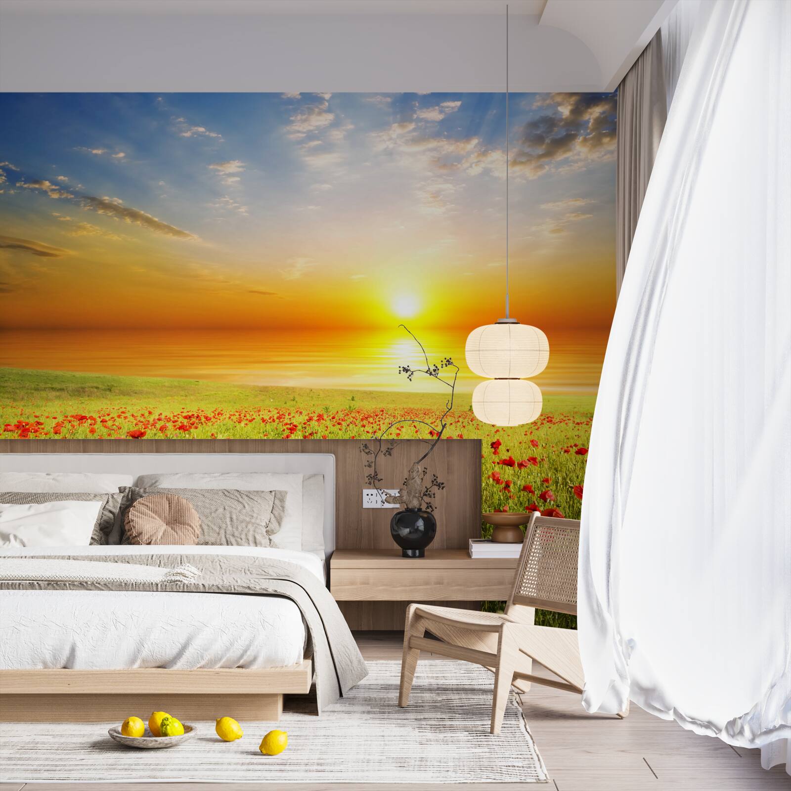 Papier peint le coucher de soleil de cet été sur une prairie parsemée de coquelicots est plein de couleurs