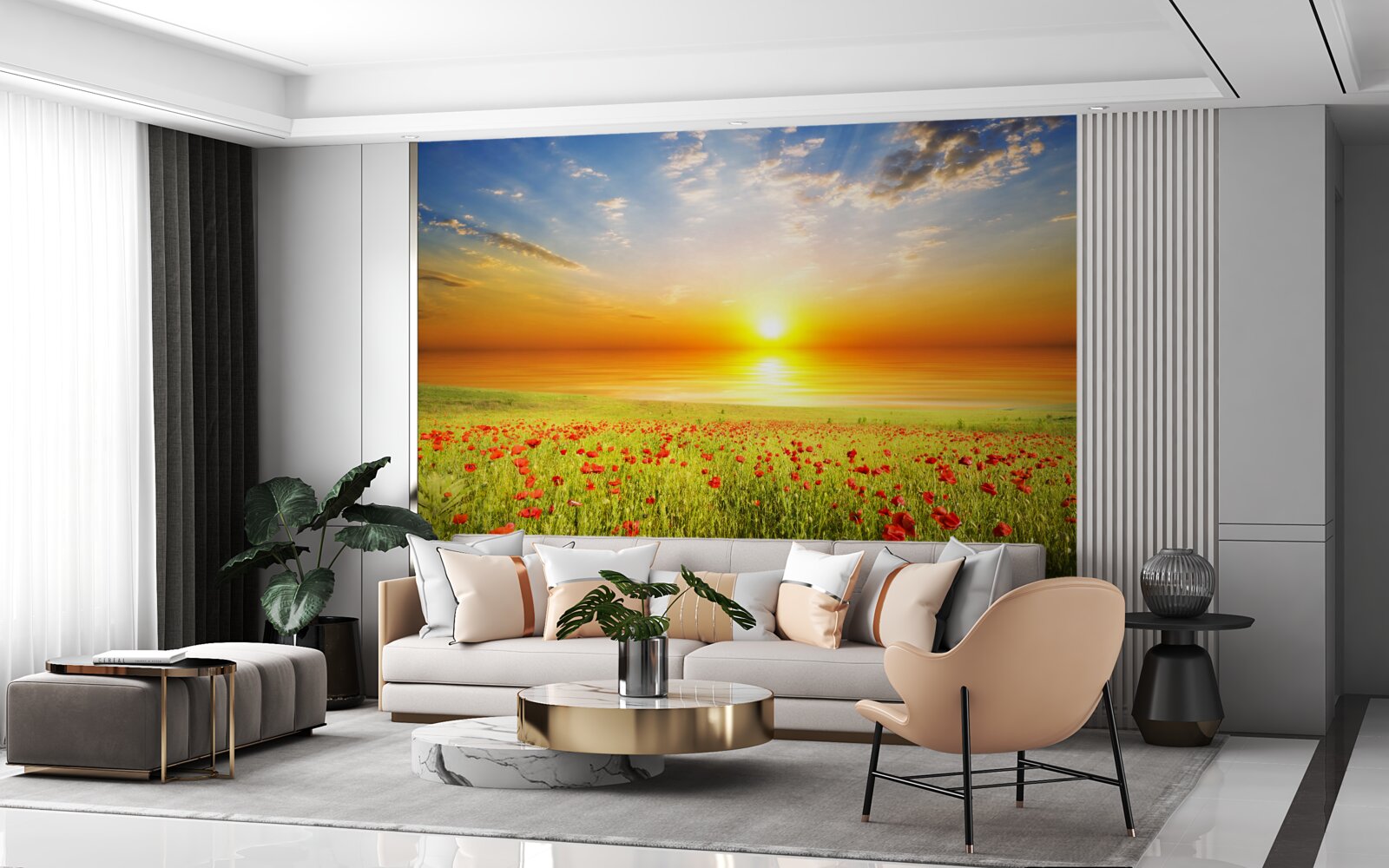 Papier peint le coucher de soleil de cet été sur une prairie parsemée de coquelicots est plein de couleurs