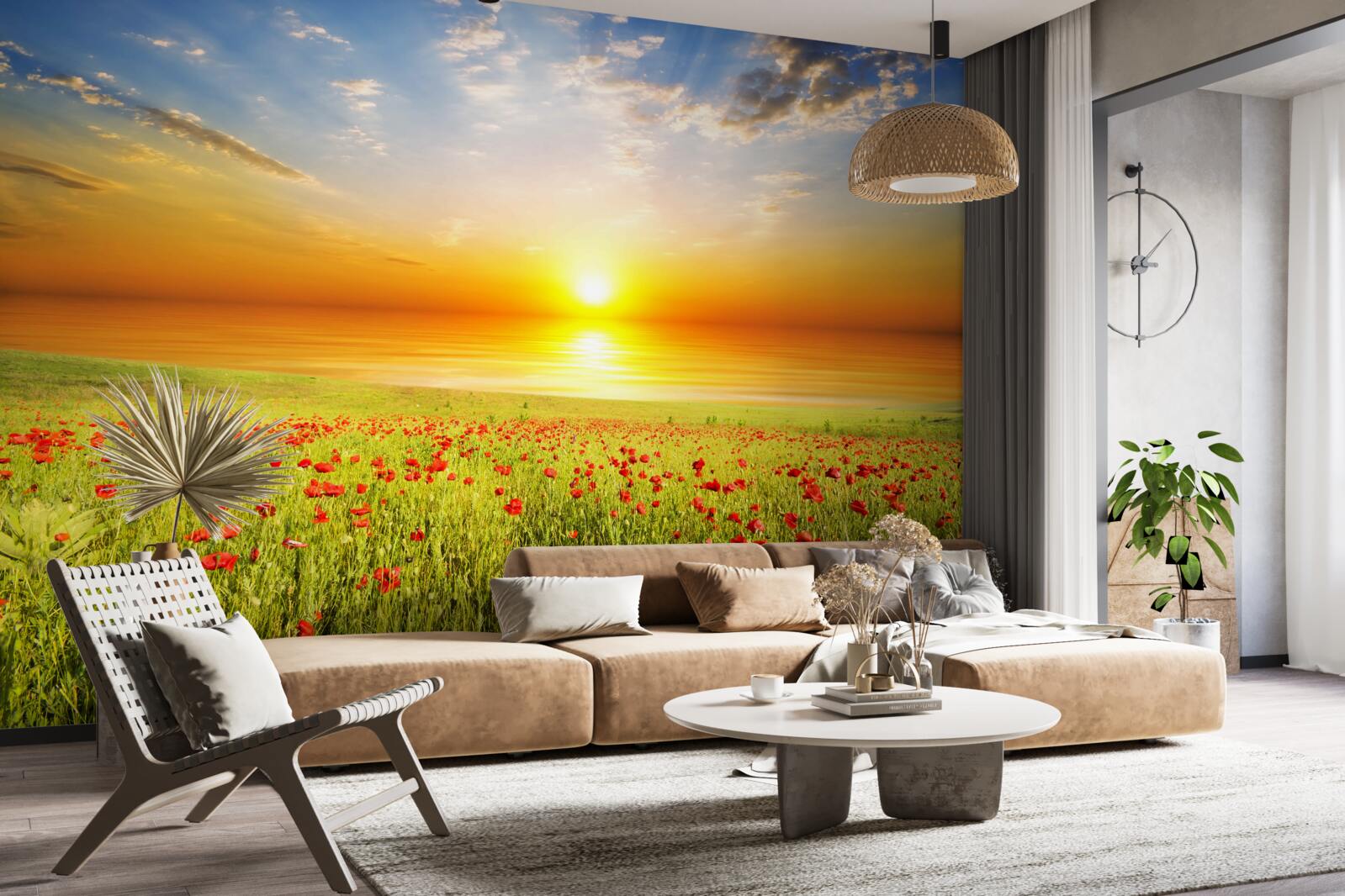 Papier peint le coucher de soleil de cet été sur une prairie parsemée de coquelicots est plein de couleurs