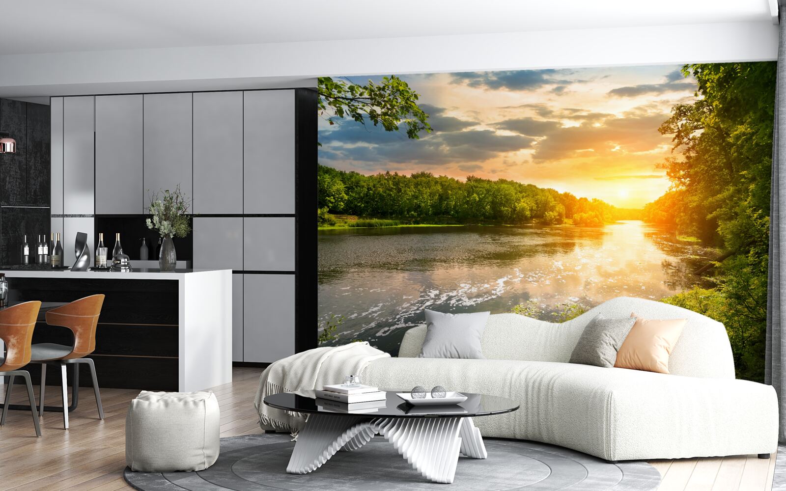 Papier peint le soleil couchant réchauffe doucement la rivière de la forêt