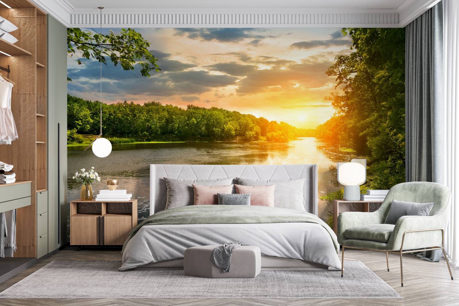 Papier peint le soleil couchant réchauffe doucement la rivière de la forêt
