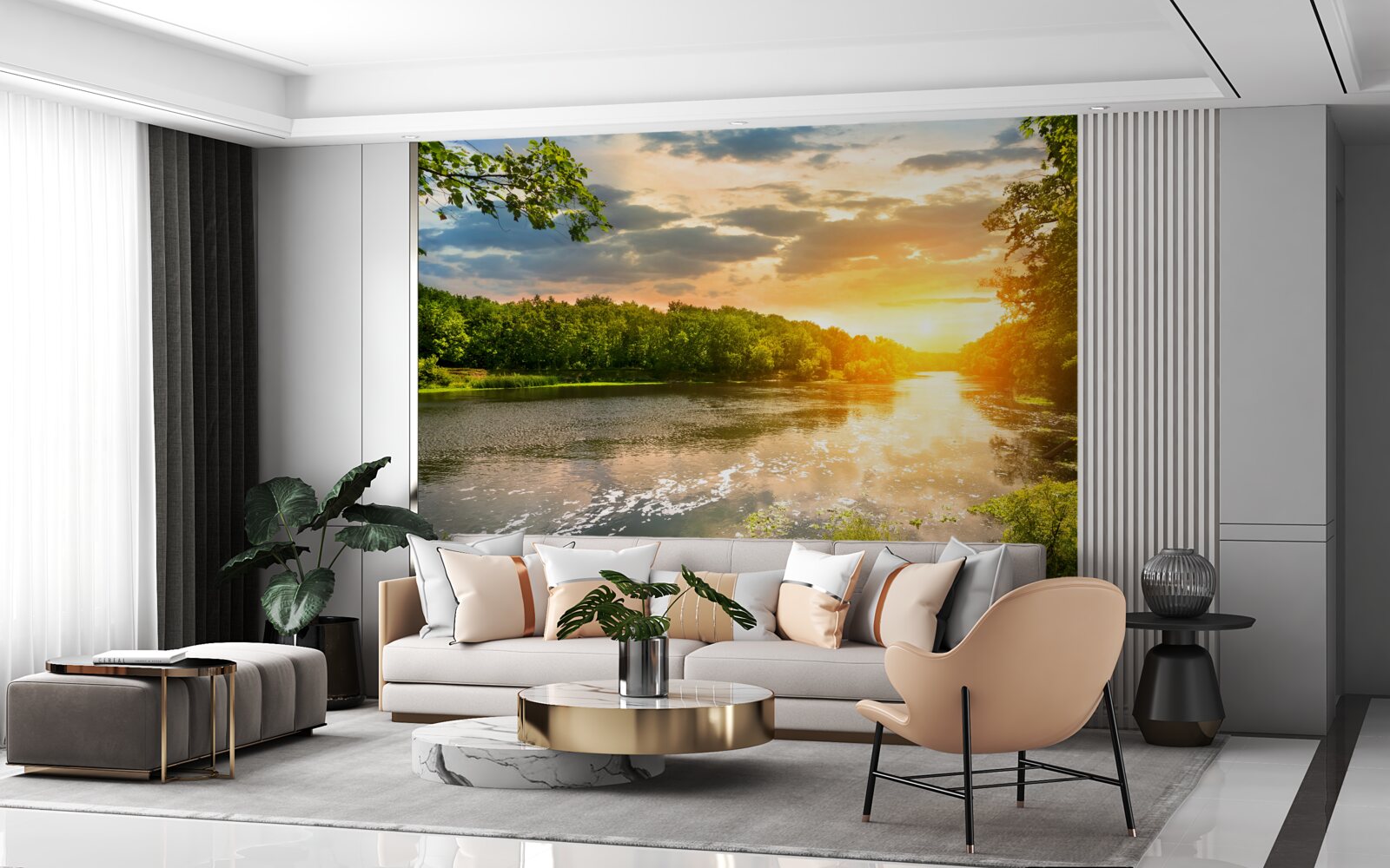 Papier peint le soleil couchant réchauffe doucement la rivière de la forêt