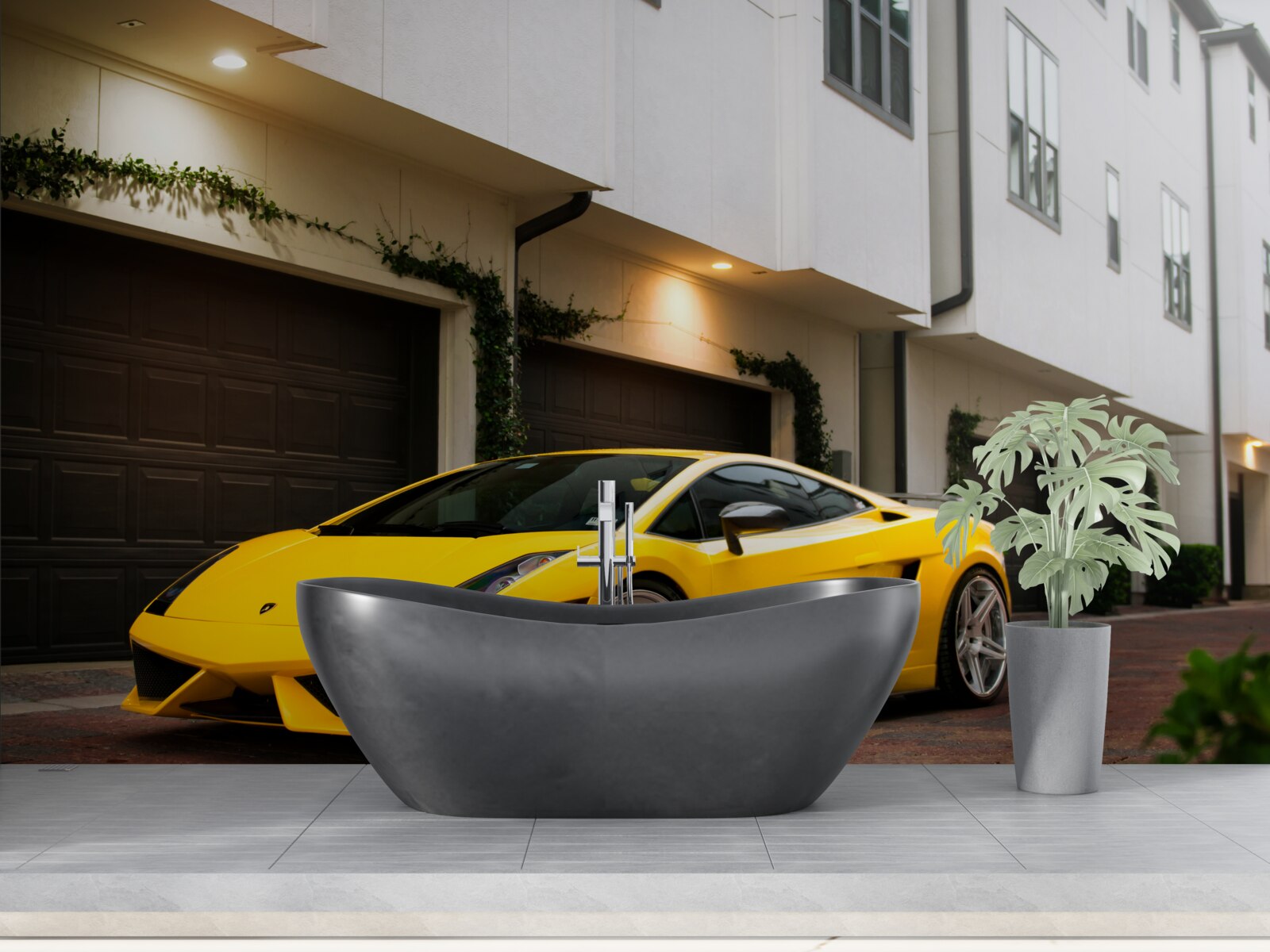 Papier peint voiture jaune élégante près de la maison