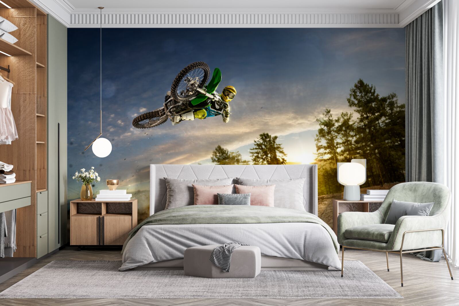 Papier peint sauter sur une moto au coucher du soleil