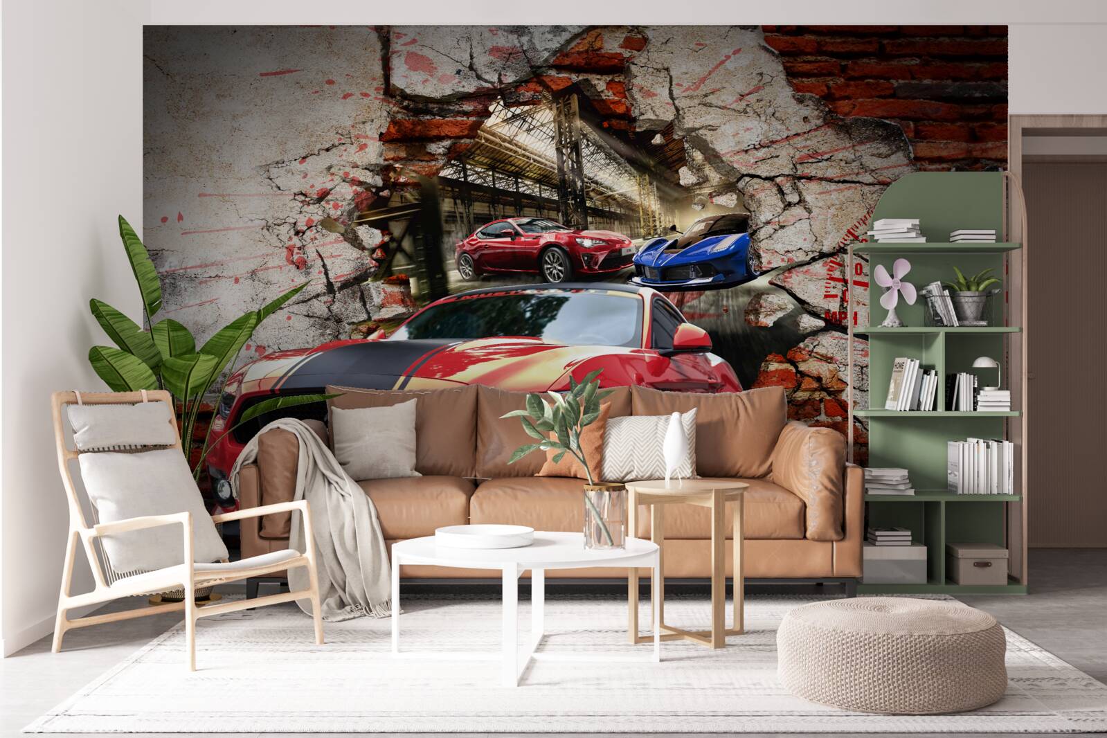 Papier peint voiture rouge dans le mur