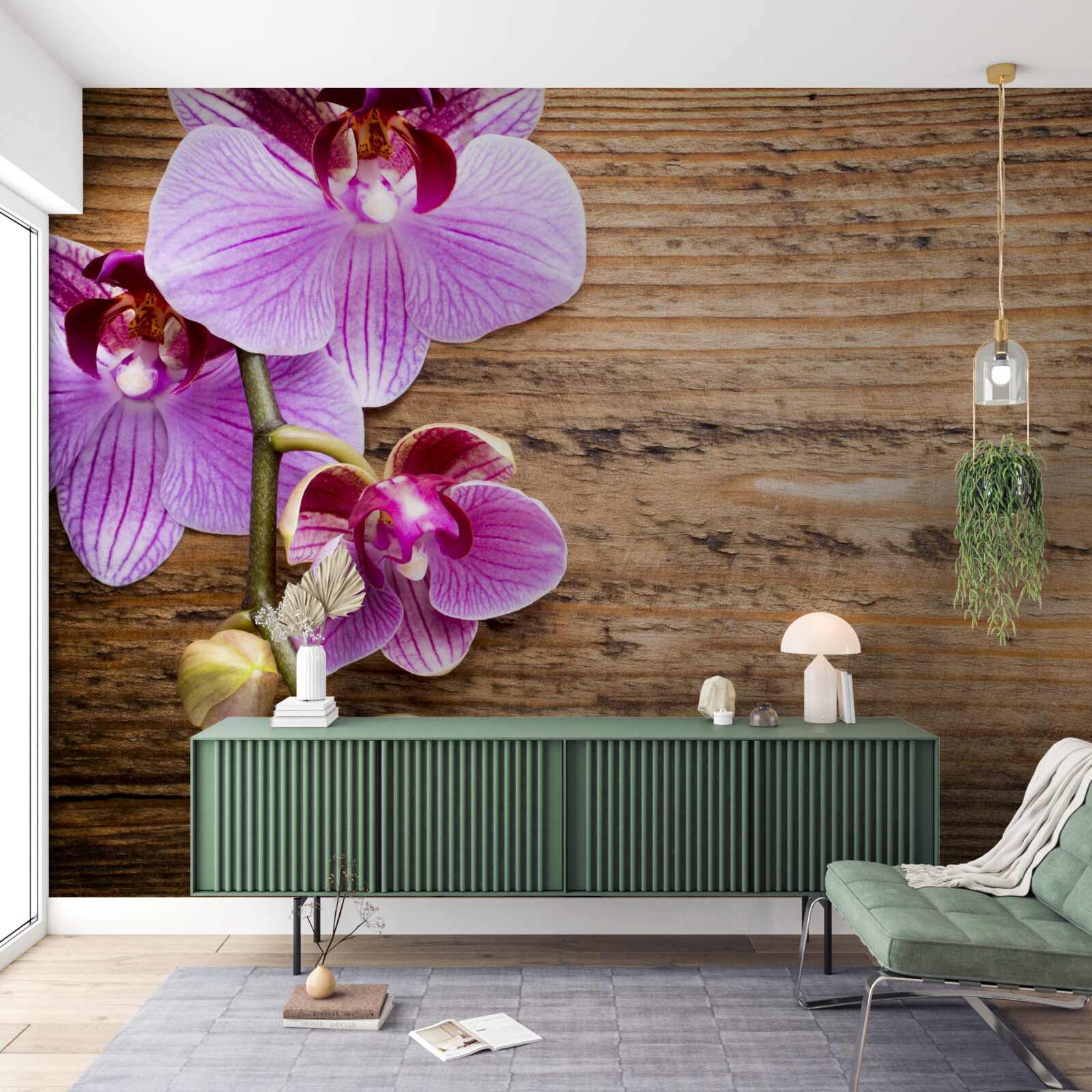 Papier peint orchidée lilas sur un tronc d'arbre