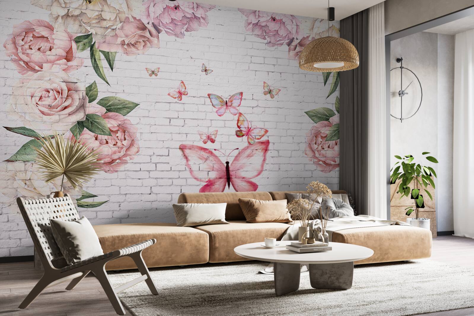 Papier peint papillon décoré de fleurs, en mousseline de soie