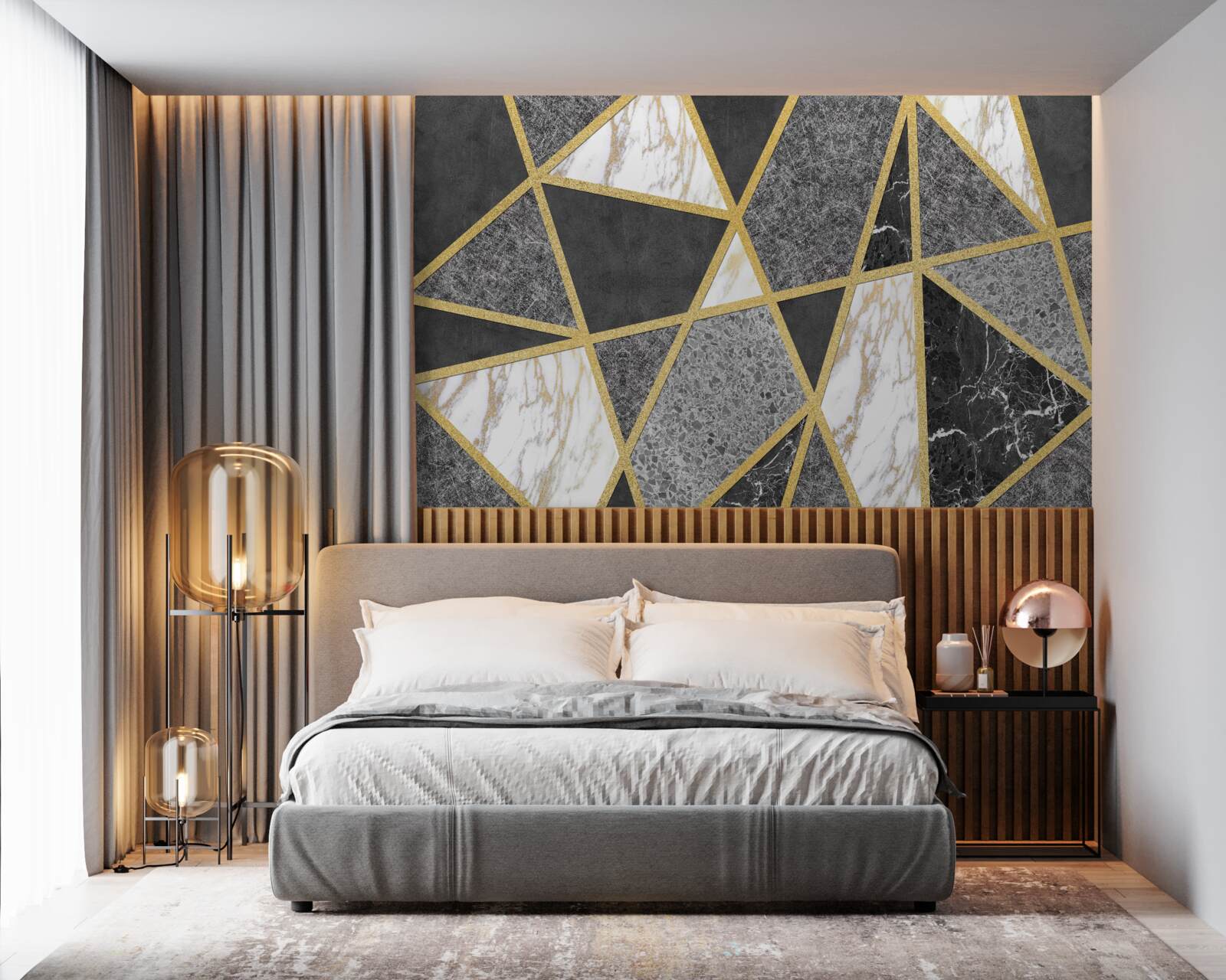 Papier peint mosaïque noire et blanche avec accents dorés