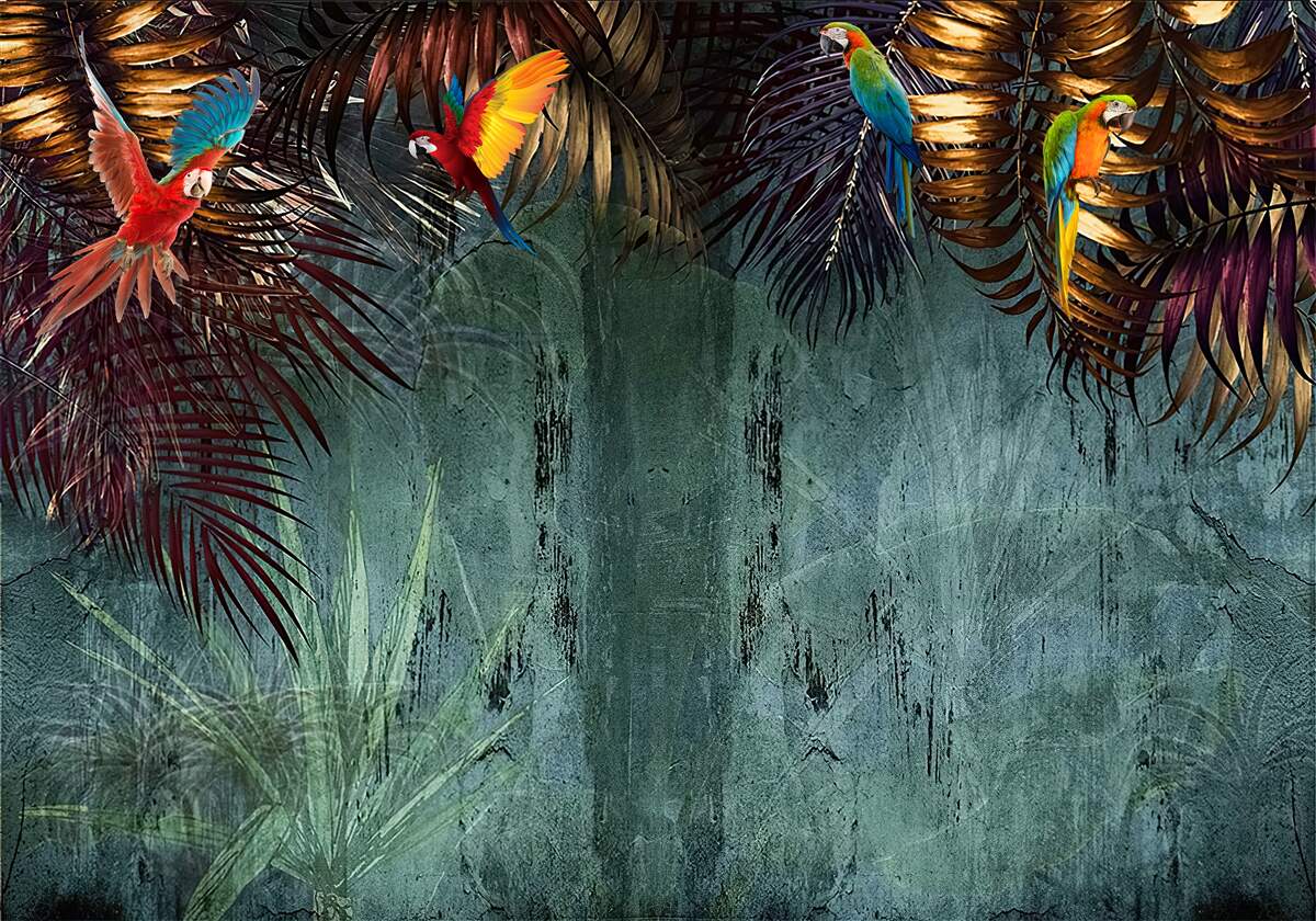 Papier peint le soir, les perroquets s'assoient sur des feuilles tropicales