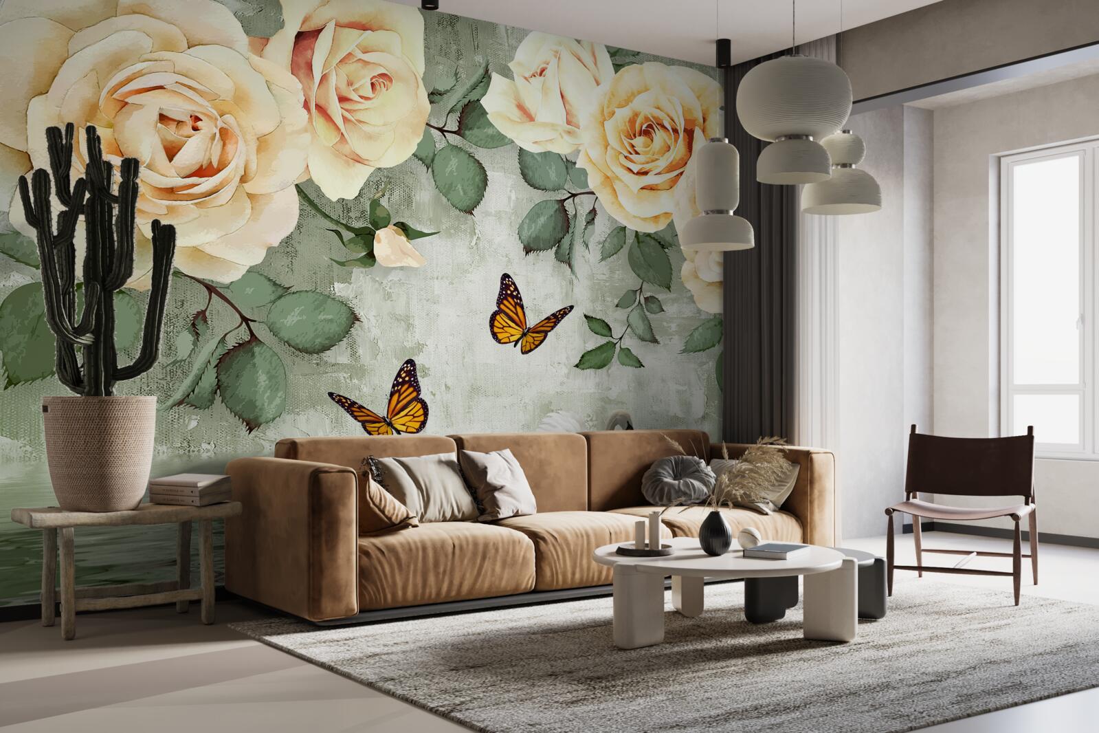 Papier peint roses crème avec papillons à proximité