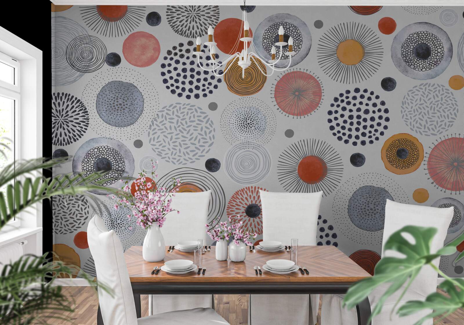 Papier peint tapis colorés contrastant avec le gris