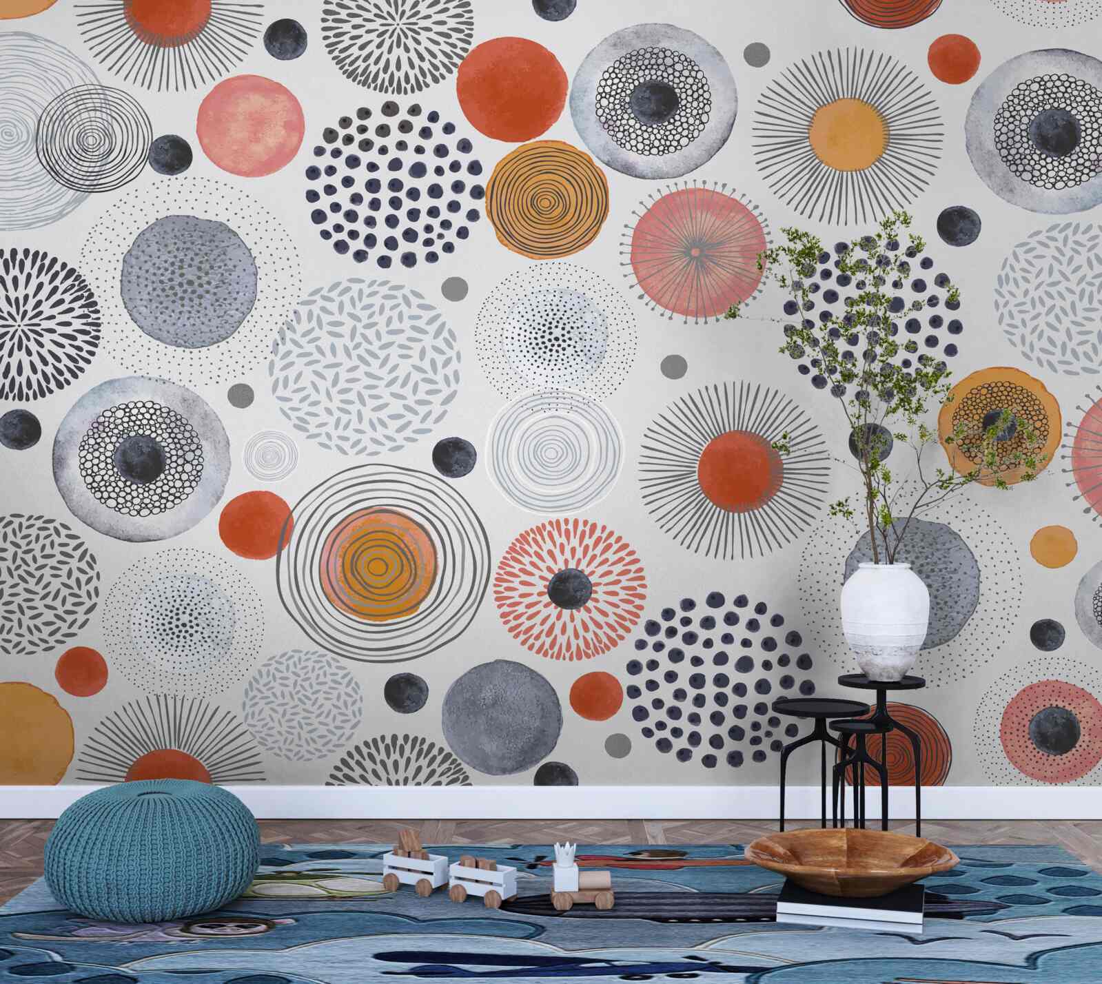 Papier peint tapis colorés contrastant avec le gris