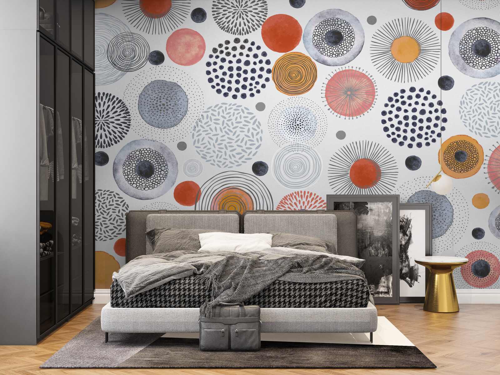 Papier peint tapis colorés contrastant avec le gris