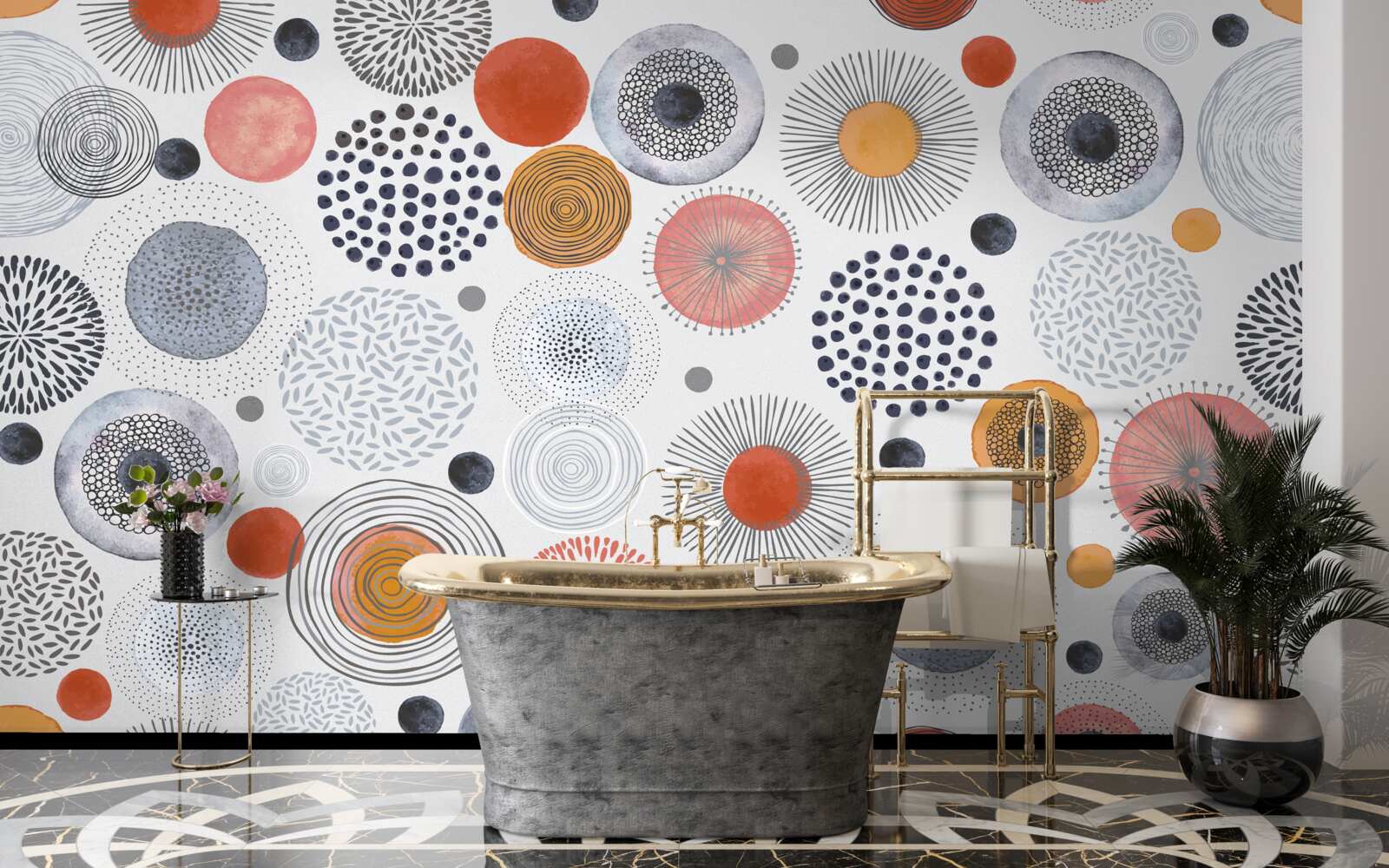 Papier peint tapis colorés contrastant avec le gris