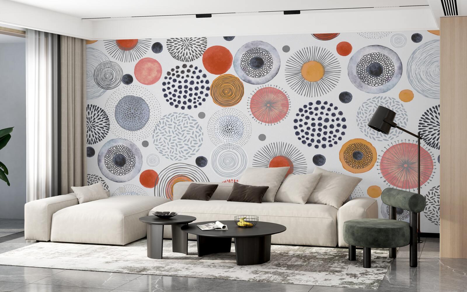 Papier peint tapis colorés contrastant avec le gris