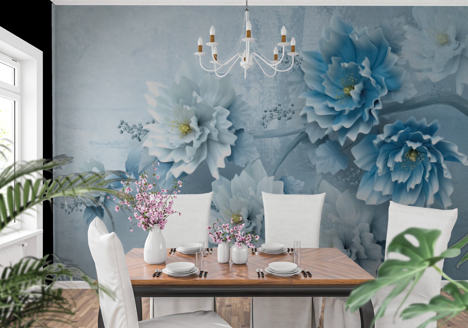 Papier peint les fleurs sont bleu pâle