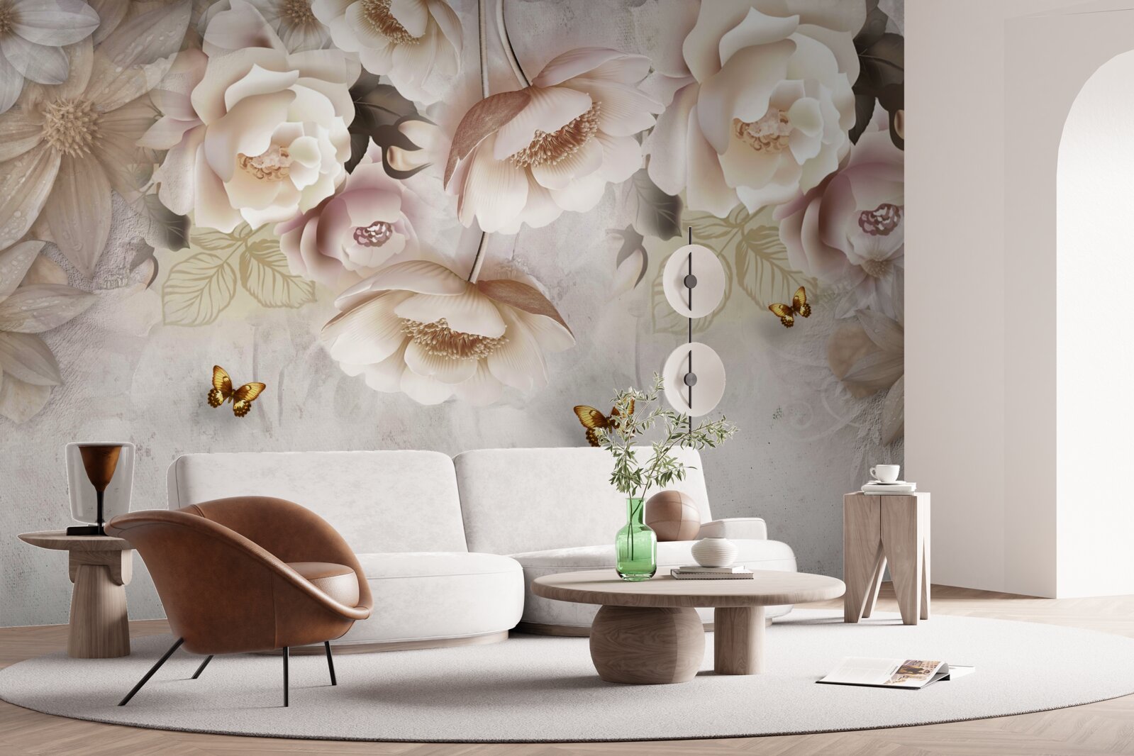Papier peint roses dans les tons crème et papillons clairs
