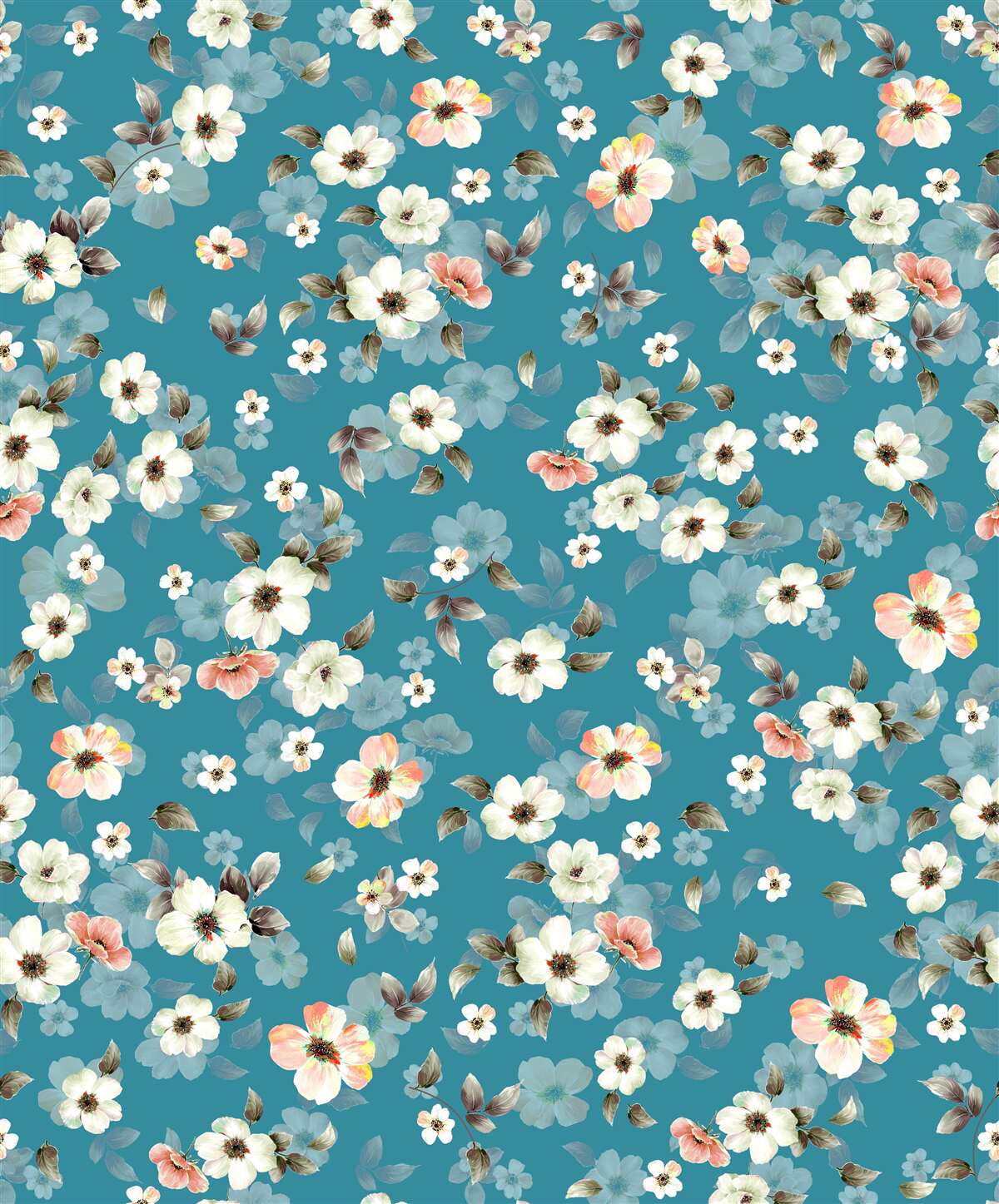 Papier peint petites fleurs sur fond bleu