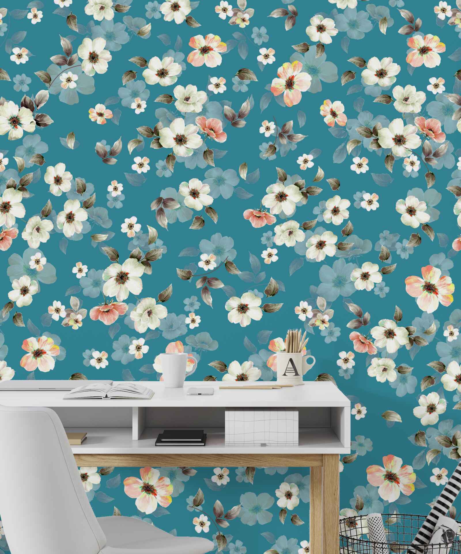 Papier peint petites fleurs sur fond bleu