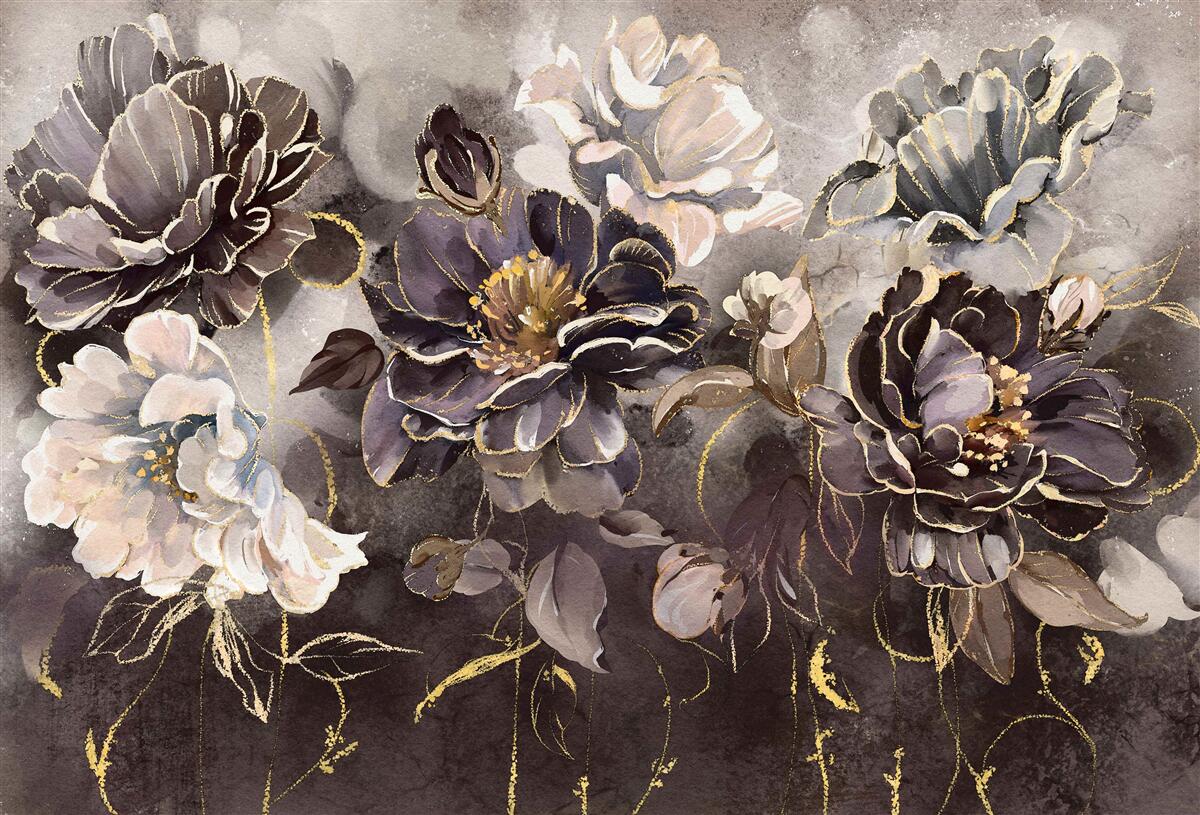 Papier peint pivoines en noir et blanc