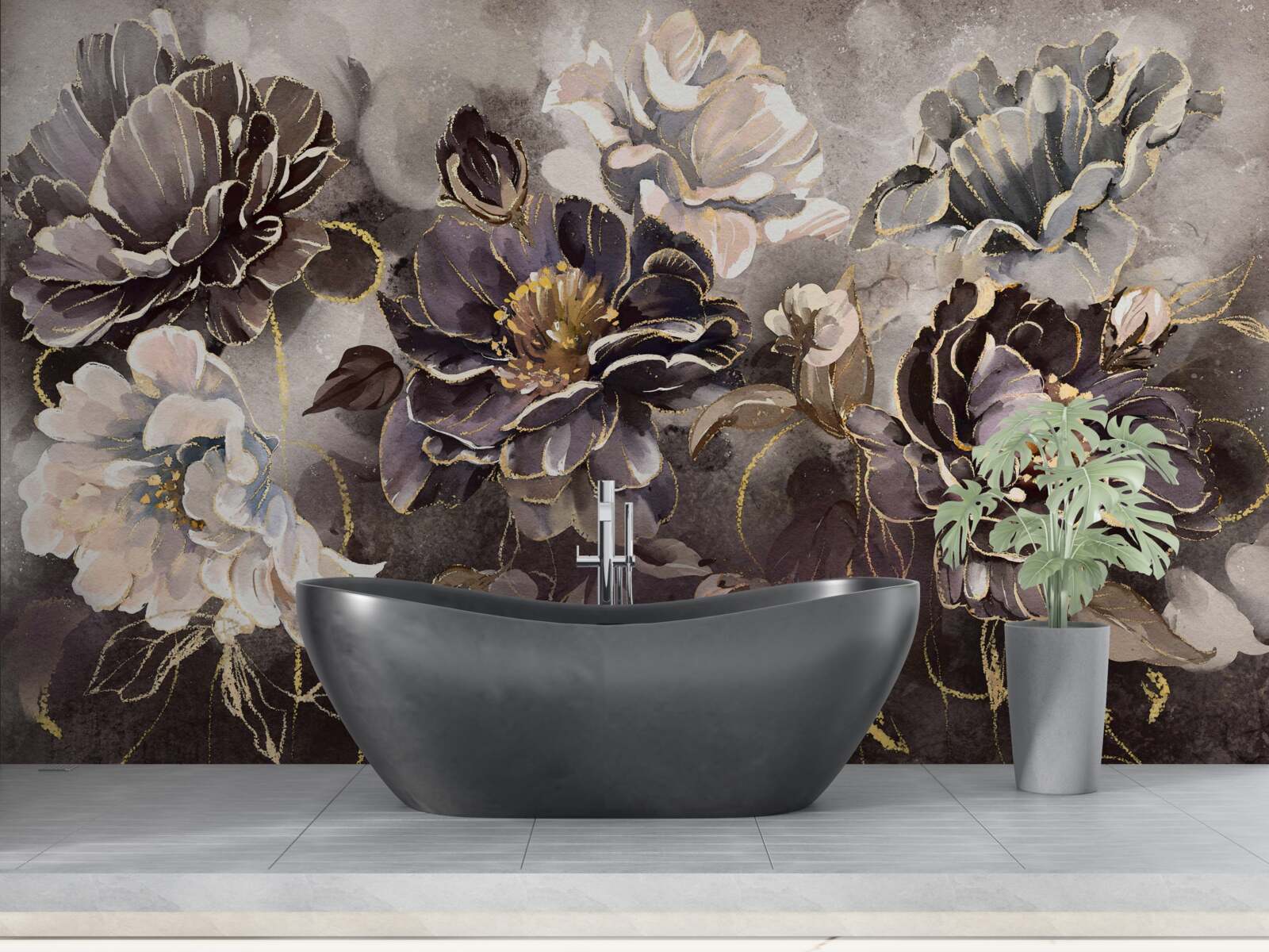 Papier peint pivoines en noir et blanc