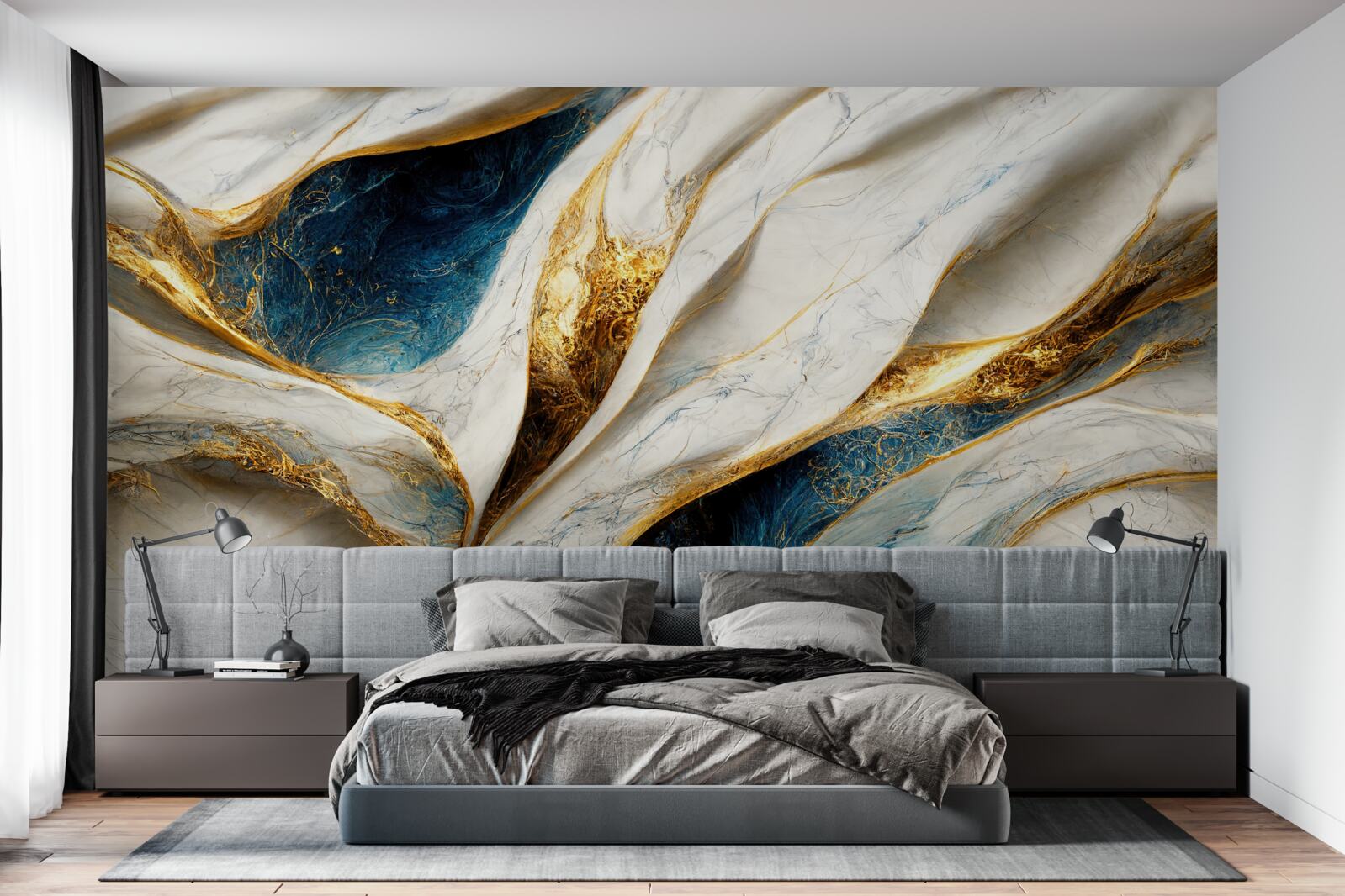 Papier peint marbre exclusif blanc neige avec dorures
