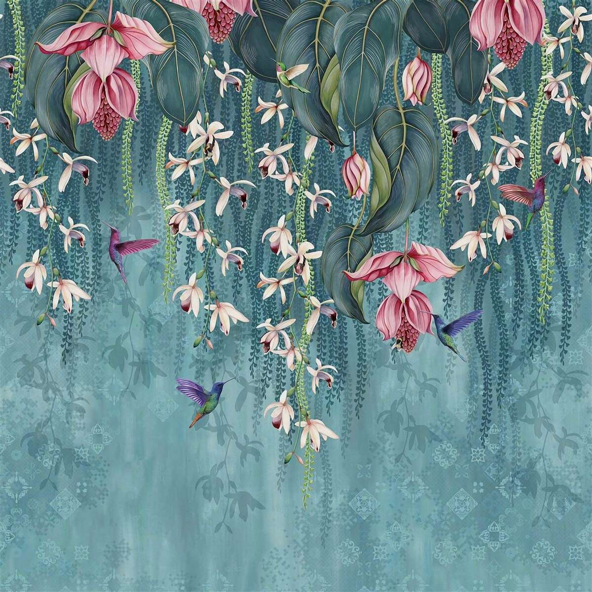 Papier peint des fleurs et des branches vertes suspendues et des colibris