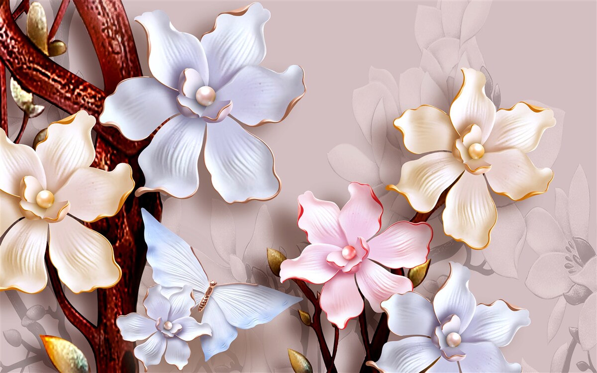 Papier peint fleurs de différentes teintes sur un fond doux