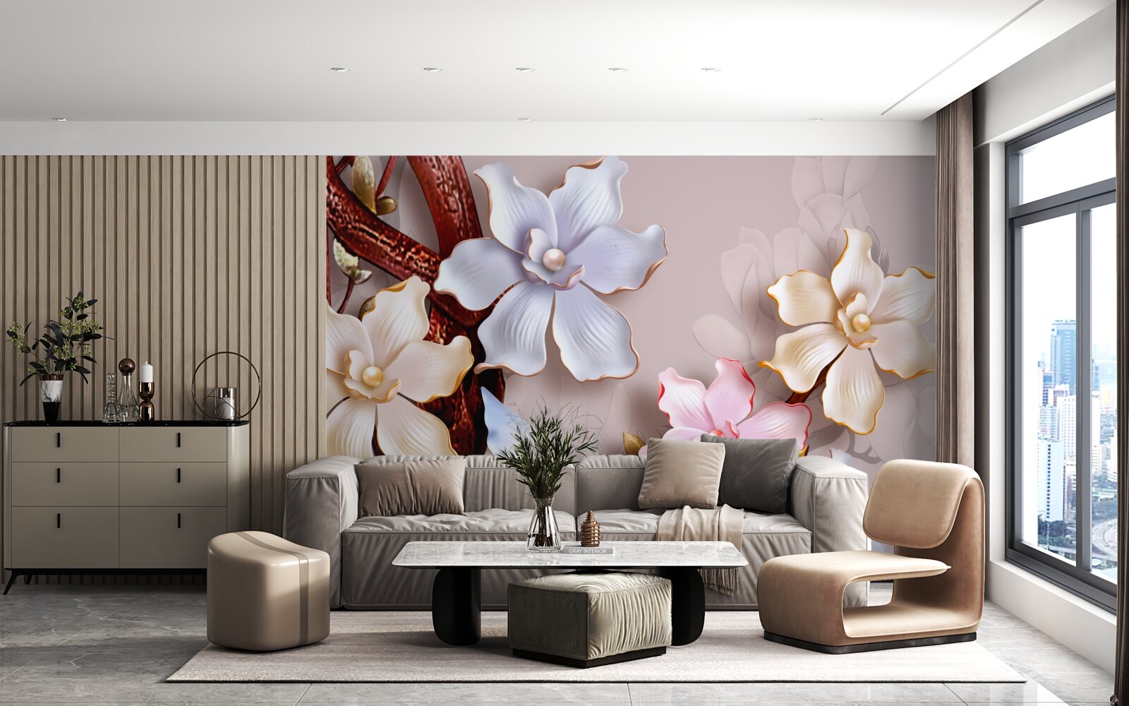 Papier peint fleurs de différentes teintes sur un fond doux