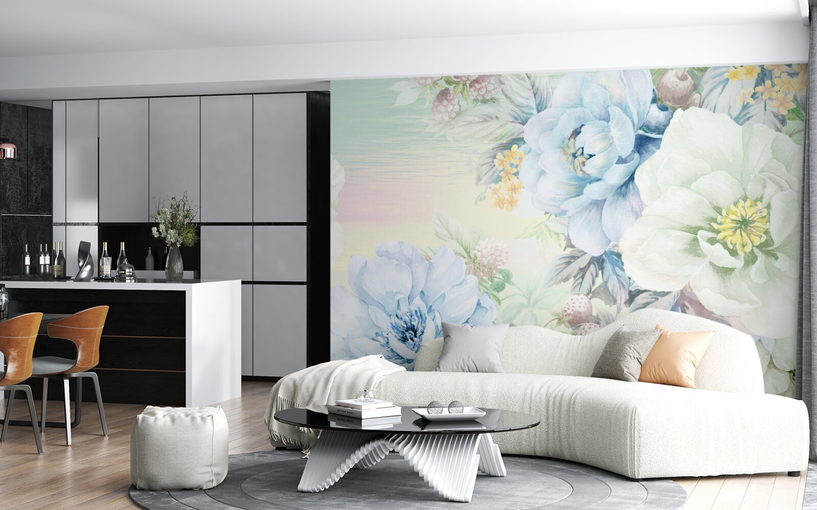 Papier peint des fleurs dans les tons blanc et bleu