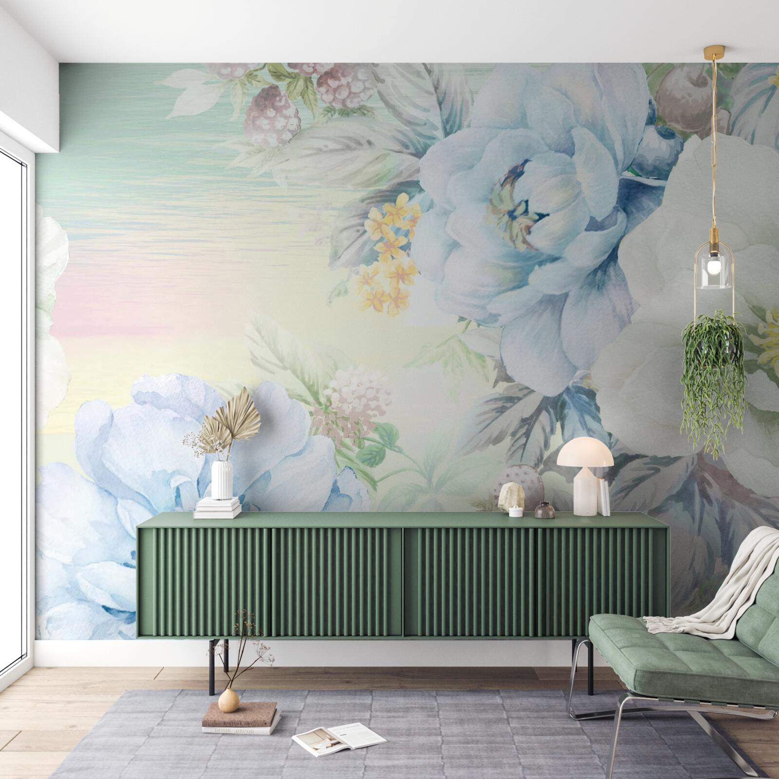 Papier peint des fleurs dans les tons blanc et bleu