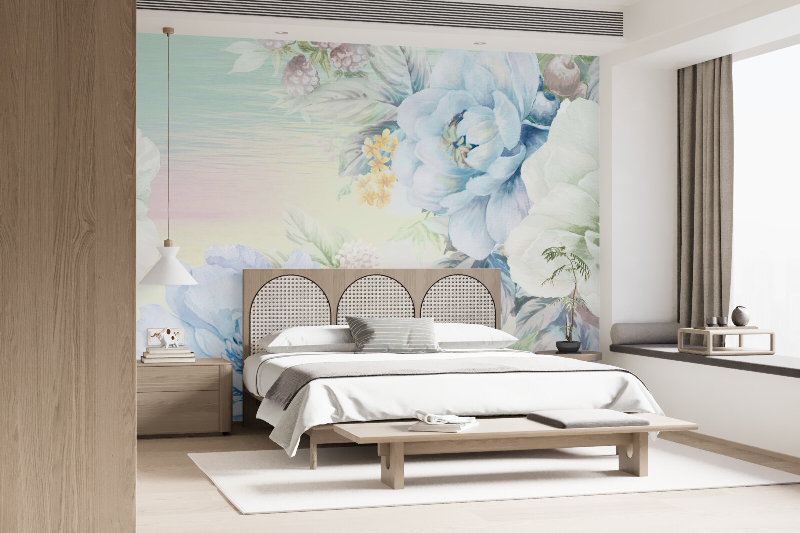 Papier peint des fleurs dans les tons blanc et bleu