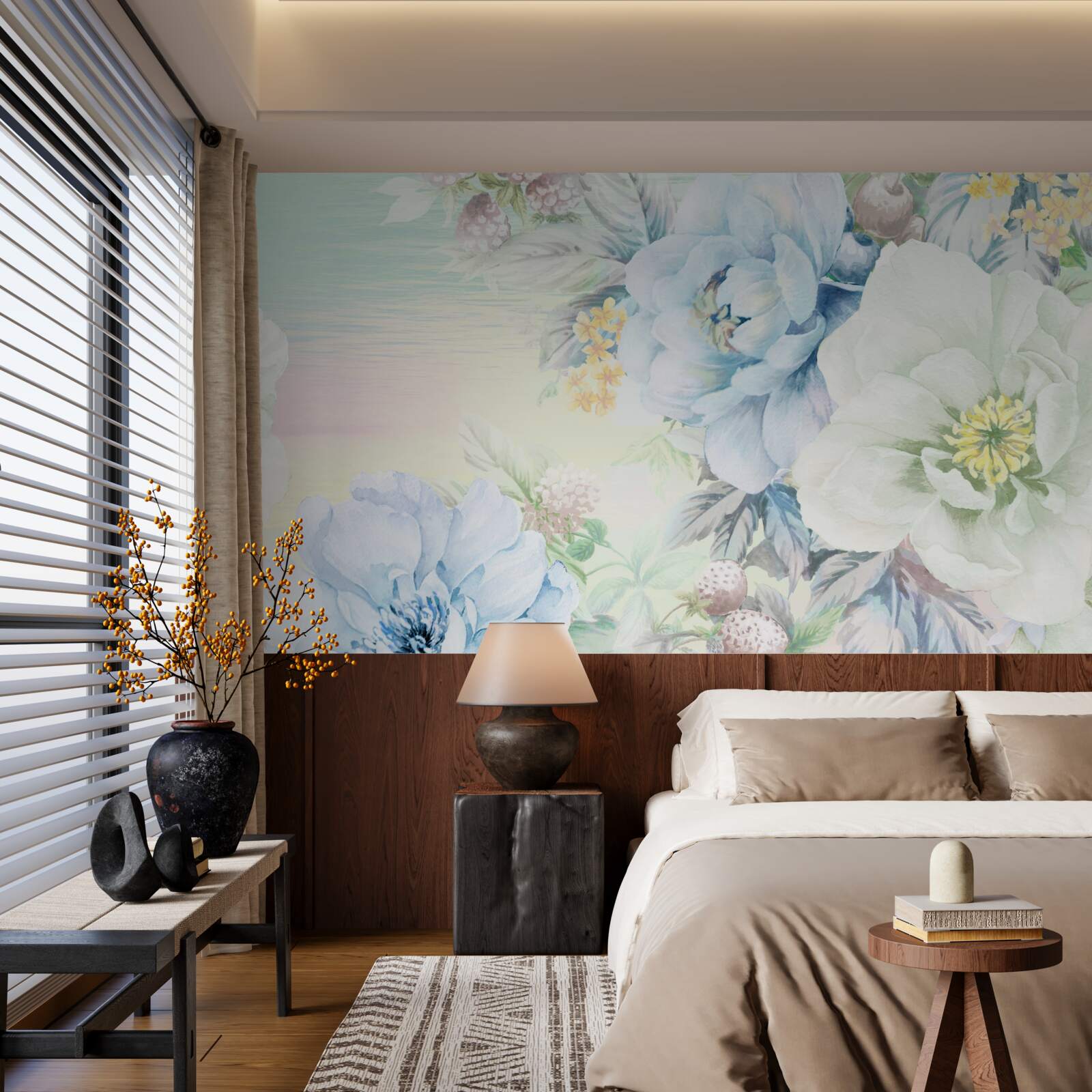 Papier peint des fleurs dans les tons blanc et bleu