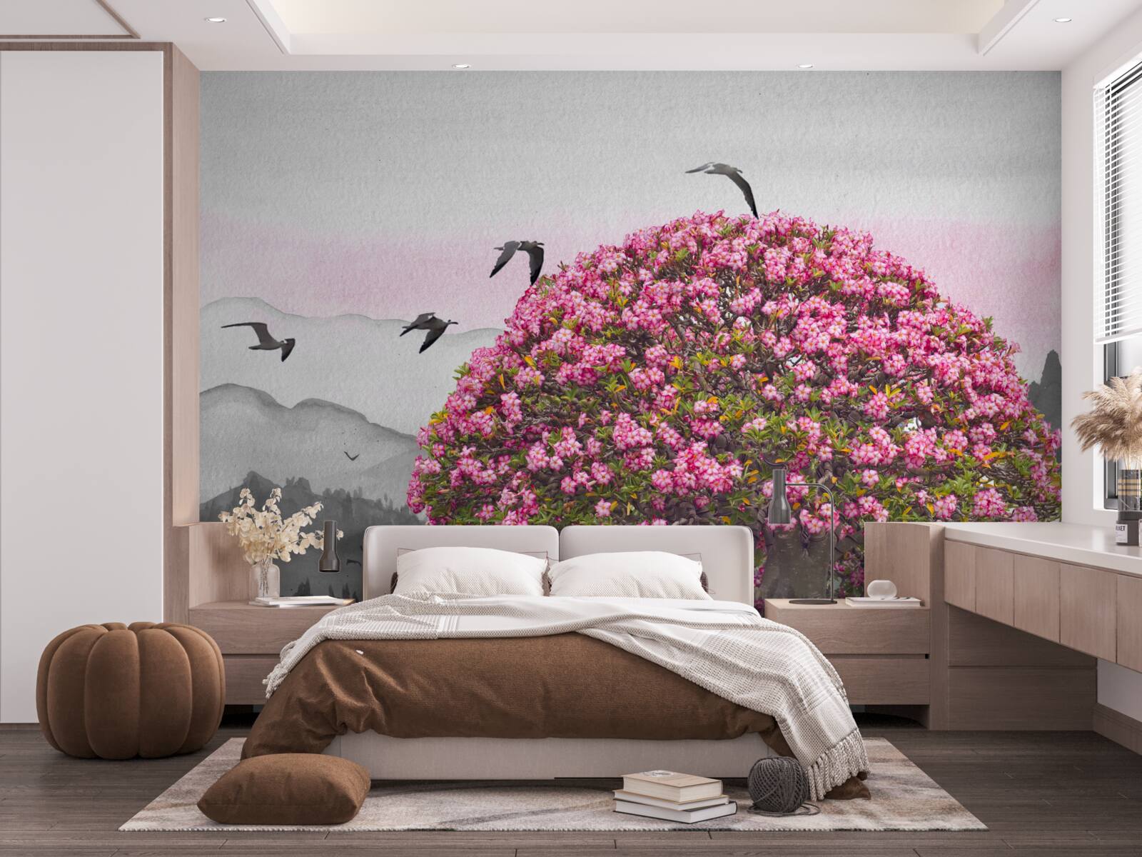 Papier peint des oiseaux survolent un arbre en fleurs