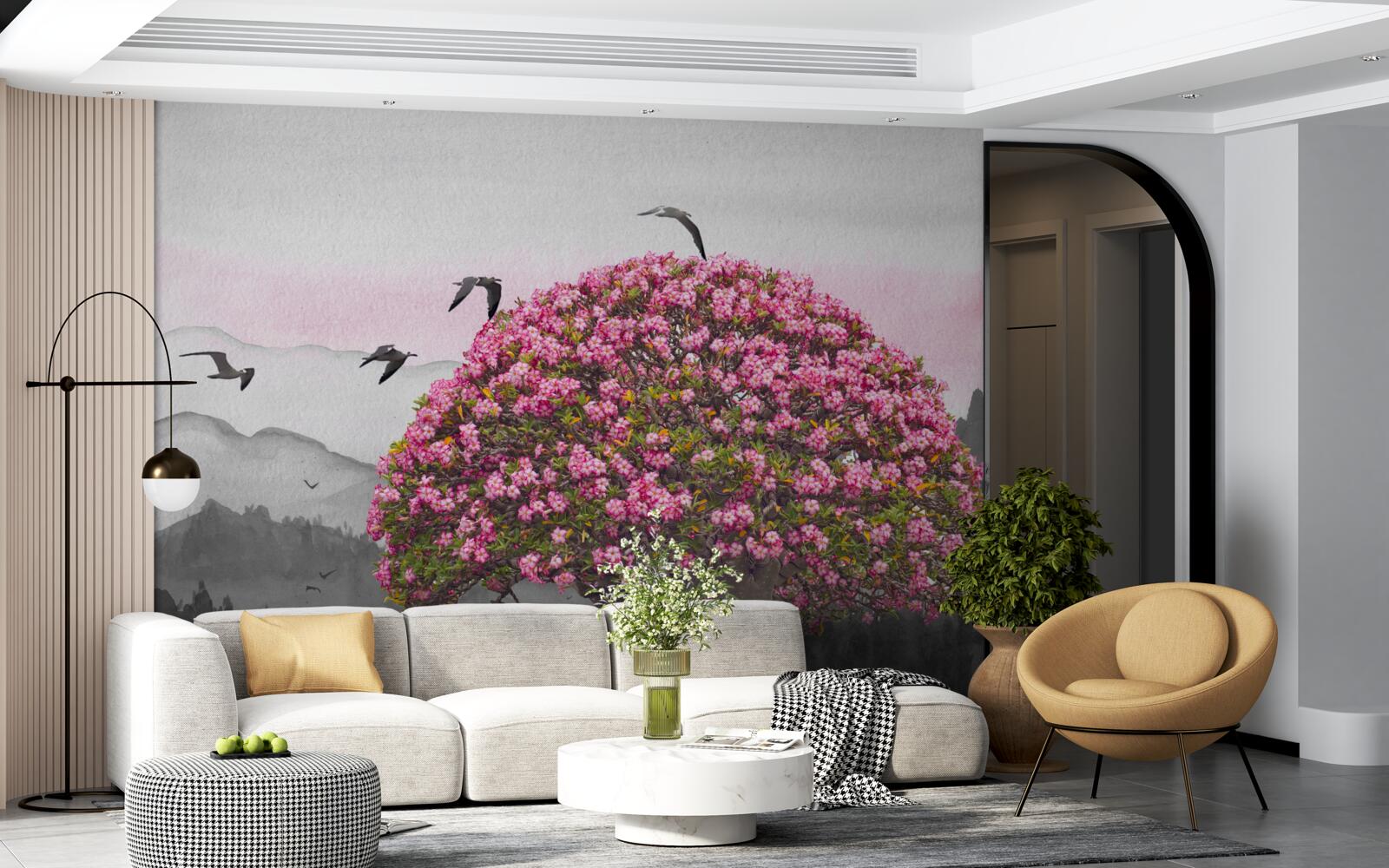 Papier peint des oiseaux survolent un arbre en fleurs