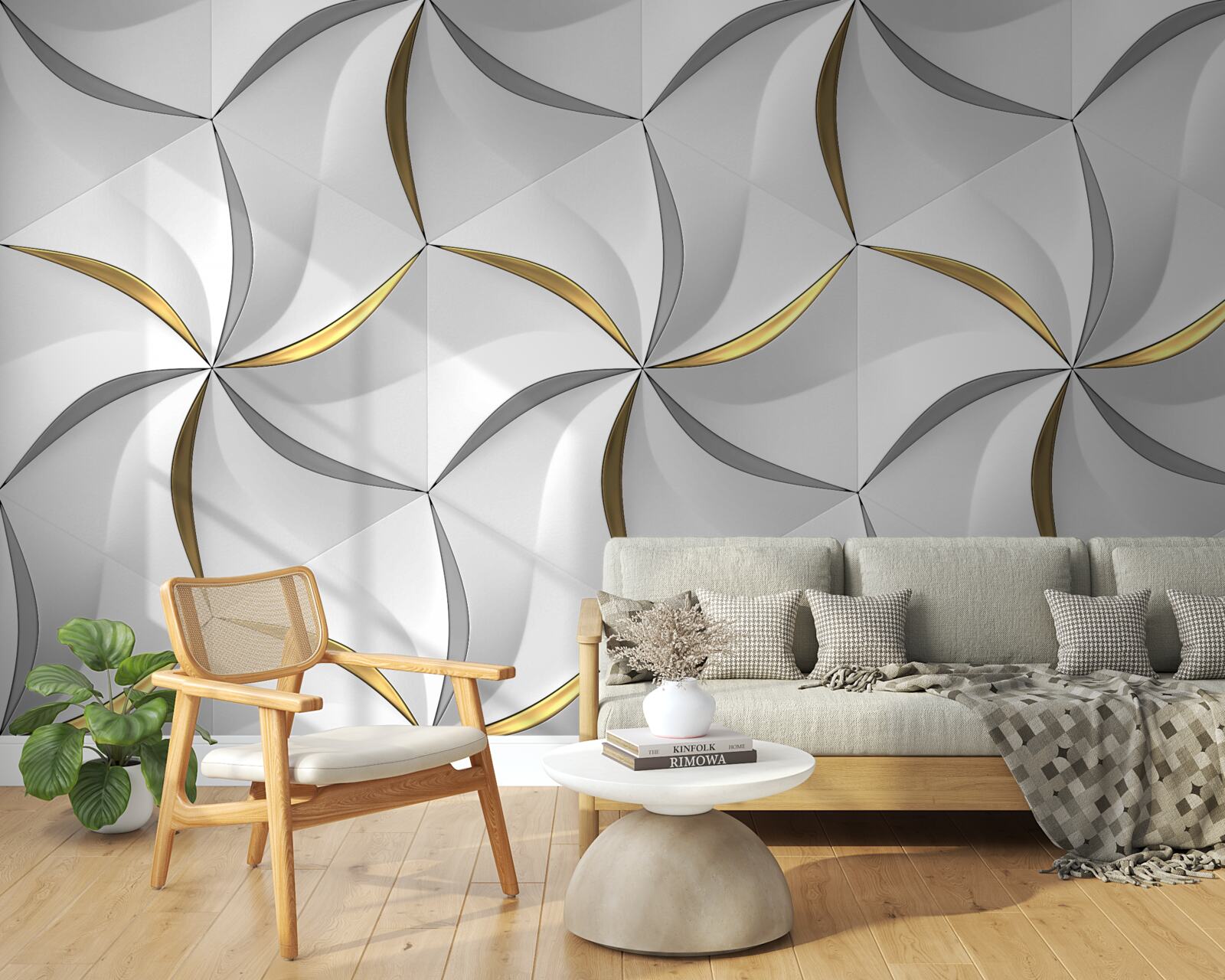 Papier peint tourbillons de gris et d'or sur fond blanc