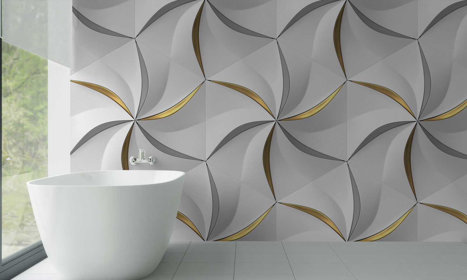 Papier peint tourbillons de gris et d'or sur fond blanc