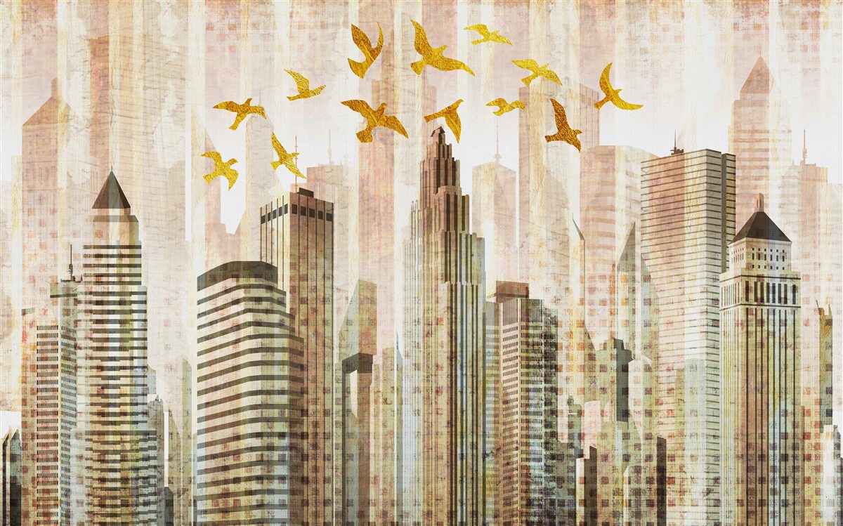 Papier peint les gratte-ciel au-dessus desquels volent les oiseaux