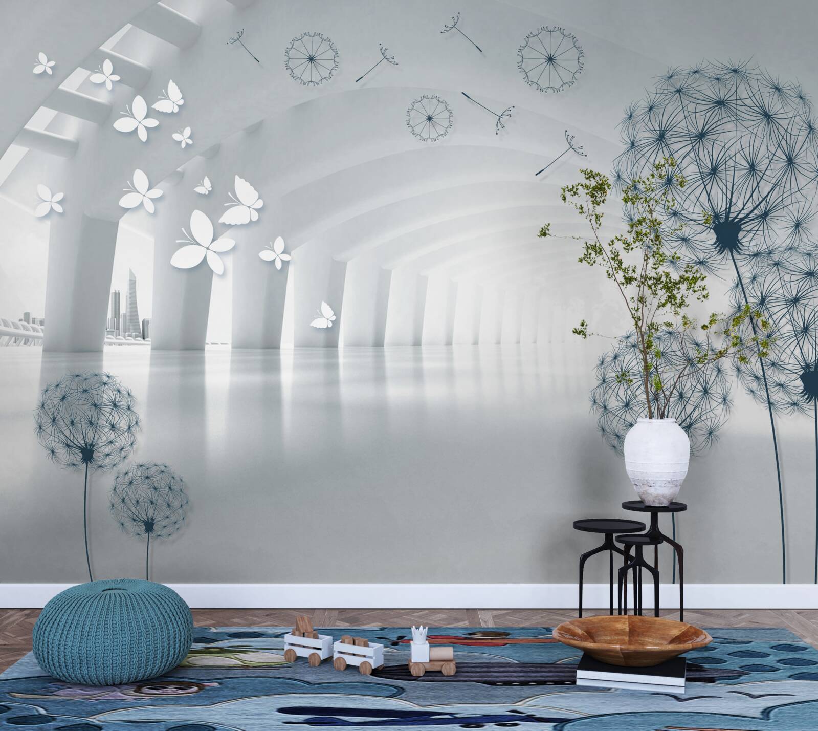 Papier peint Tunnel 3d avec des pissenlits en arrière-plan